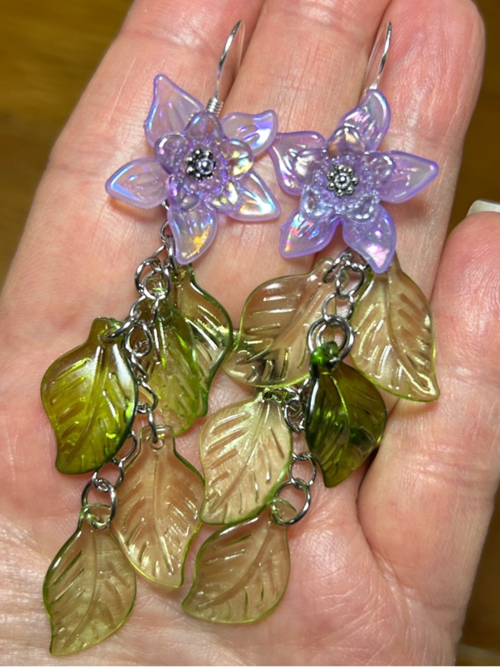 Purple Flower and Green Leaf Dangle Earrings - Women's Jewelry - Picture 1 of 6